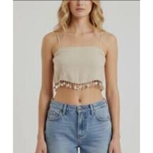 Jason Wu Beaded Shell Embellished Crop Top Beige Sz 4 Linen Rayon See pics